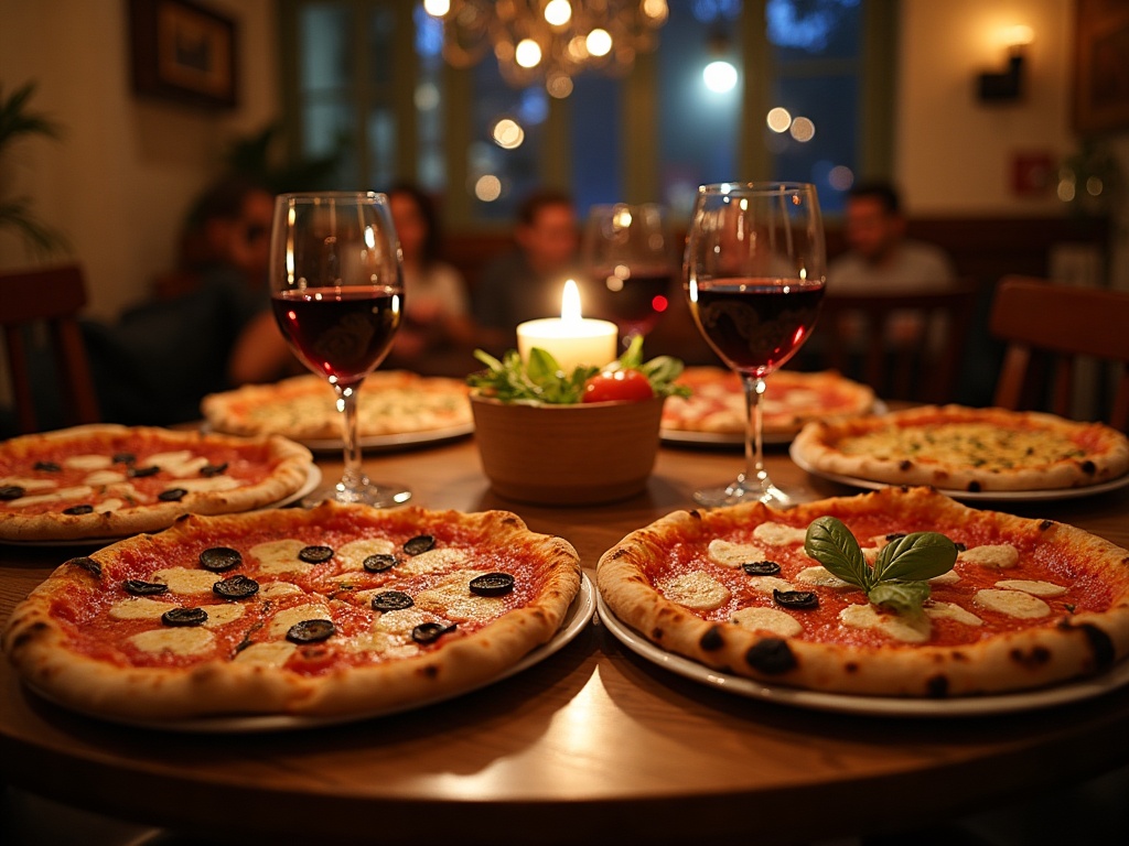 Tablée conviviale partageant plusieurs pizzas à la Pizzeria Bella