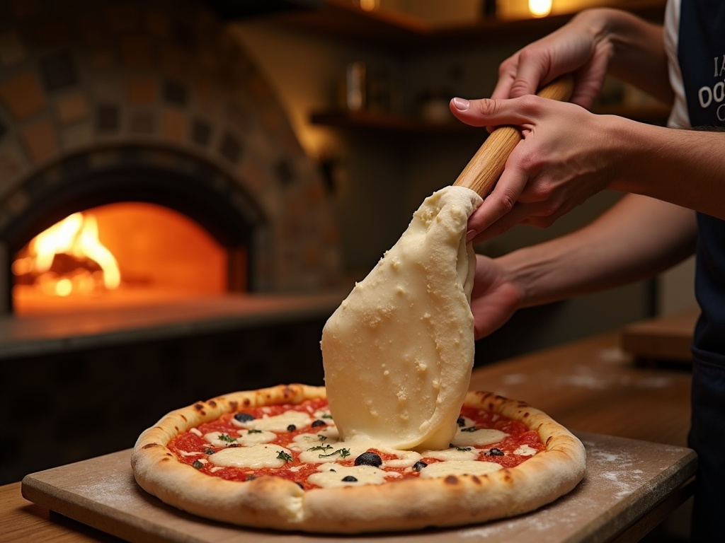 Pizzaïolo de la Pizzeria Bella travaillant la pâte à la main devant le four à bois
